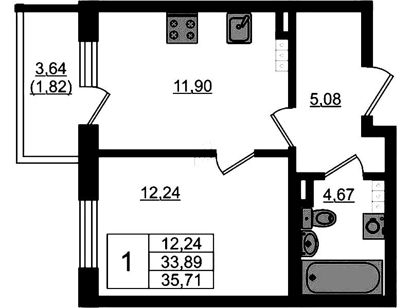 1-комнатная квартира 35.71 м², 4/4 эт., ЖК «Новая история»